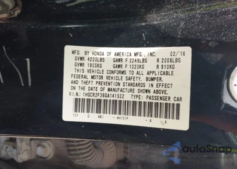 2016 Honda Accord Lx из США, поврежденный, VIN 1HGCR2F36GA141502